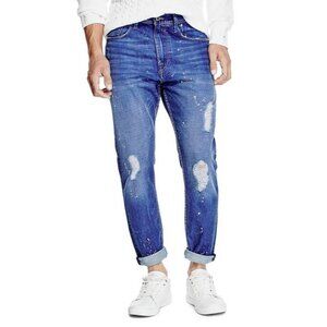 Guess Men’s Relaxed Tapered Crop Jeans In Opulent Blue Wash With Destroy Size 33